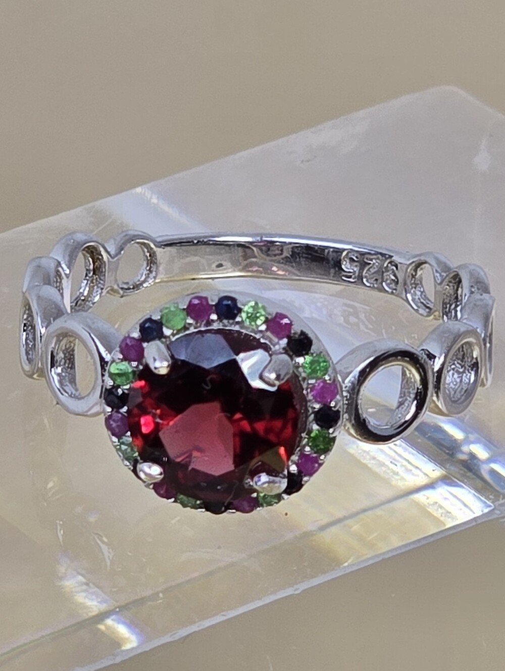 925 Sterling Silver Ring SZ 6.25 With Natural Garnet, Tsavorite, Ruby, Sapphire